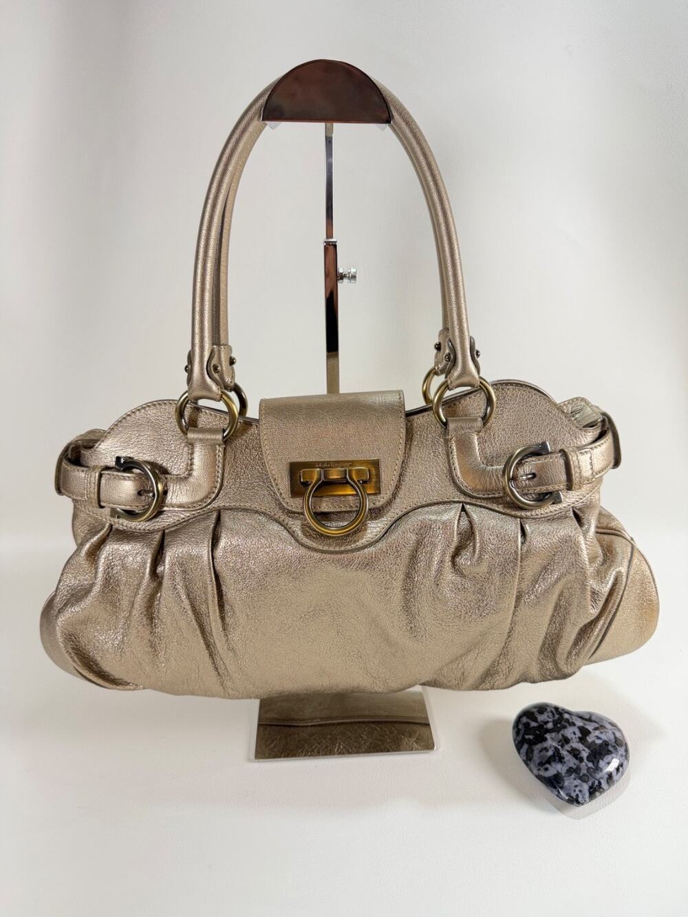 Salvatore Ferragamo Marisa Metallic Gold Leather Gancini Shoulder Bag Handbag